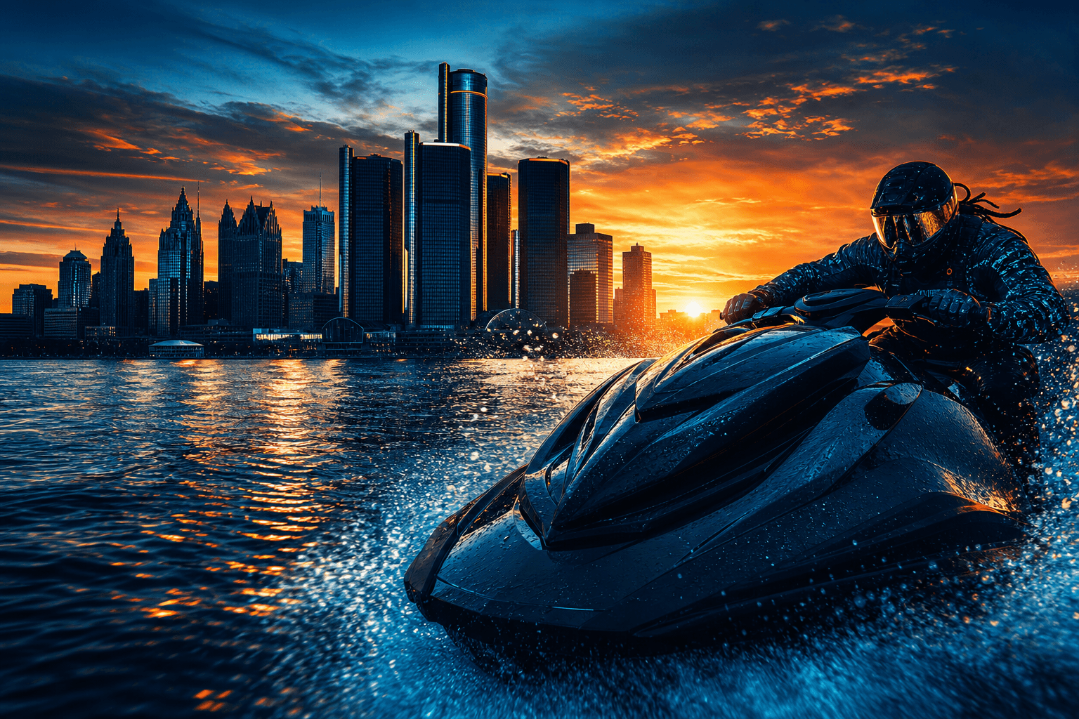 Detroit River skyline at golden hour — Juniors Jet Ski Rentals