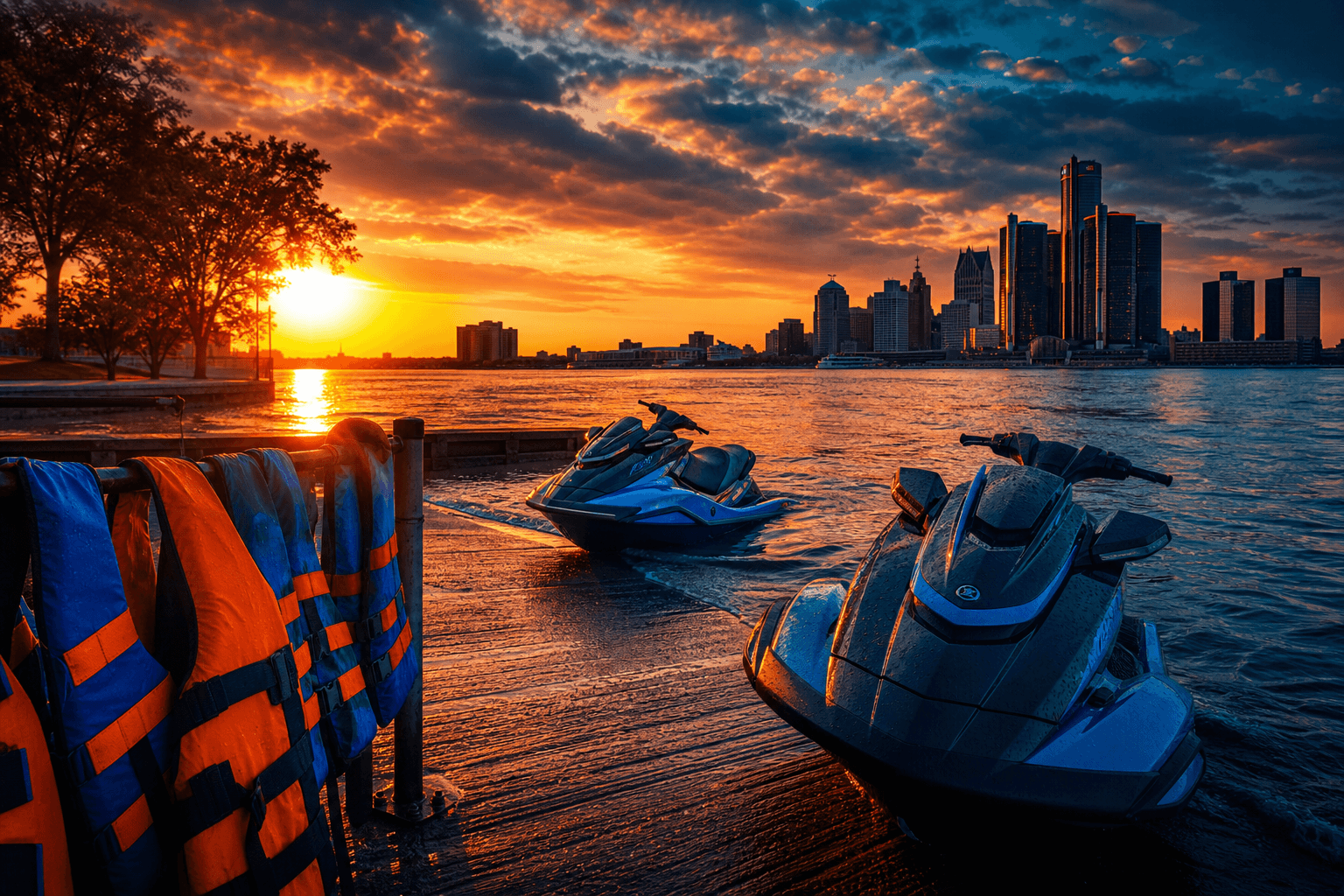 Life jackets and jet skis ready at the Riverside Park ramp