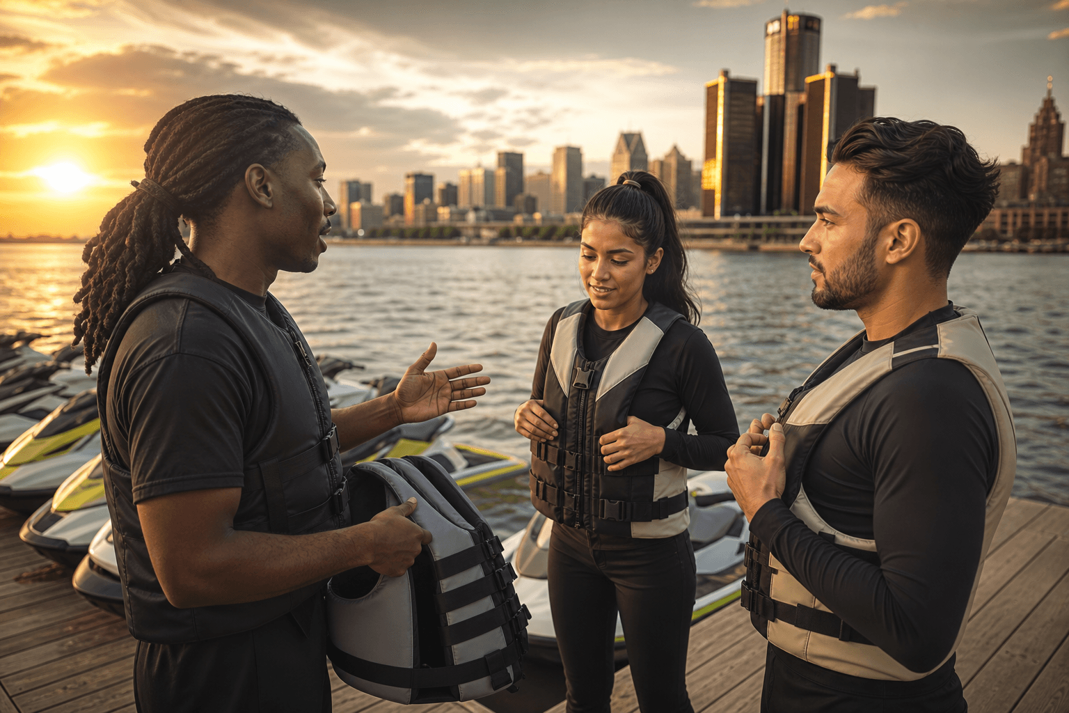 Safety briefing with life jacket before launch